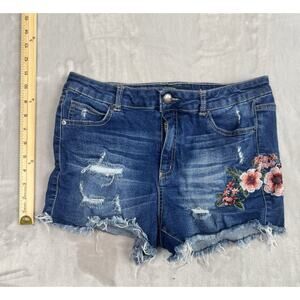 Wax Jean Denim Shorts Cut-off Embroidered Floral‎ Distressed Dark Wash Large